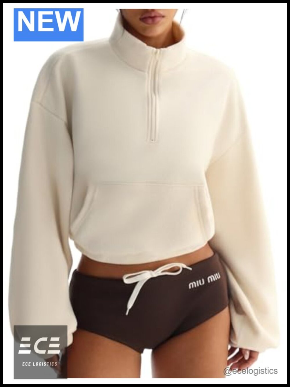 Sherpa Fleece Half Zip Sweatshirt Kangaroo Pocket Cropped Pullover